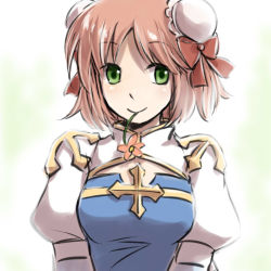 Rule 34 | 1girl, arch bishop (ragnarok online), blue dress, bow, breasts, bun cover, cleavage cutout, closed mouth, clothing cutout, commentary request, cross, double bun, dress, flower, flower in mouth, green eyes, hair bow, hair bun, juliet sleeves, long sleeves, looking at viewer, medium breasts, natsuya (kuttuki), pink flower, pink hair, puffy sleeves, ragnarok online, red bow, short hair, smile, solo, two-tone dress, upper body, white background, white dress