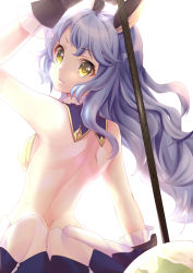 Rule 34 | 1girl, animal ears, bare back, blue hair, breasts, brown gloves, butt crack, closed mouth, dimples of venus, erune, ferry (granblue fantasy), from behind, gloves, granblue fantasy, hair between eyes, highres, long hair, looking back, medium breasts, oriko (kagaminokuninoalice), pleated skirt, skirt, solo, very long hair, whip, white background, yellow eyes