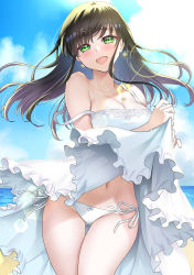 Rule 34 | 1girl, :d, abe hikaru, absurdres, bare shoulders, beach, black hair, blush, bow, bow panties, breasts, clothes lift, cowboy shot, day, dress, dress lift, earrings, frilled dress, frills, gluteal fold, green eyes, highres, hikaru (gevp7588), jewelry, lace, lace-trimmed dress, lace trim, lens flare, lifted by self, long hair, looking at viewer, medium breasts, navel, necklace, open mouth, original, outdoors, panties, side-tie panties, smile, solo, standing, strap slip, sundress, sunlight, thigh gap, underwear, white dress, white panties
