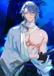 Rule 34 | 1boy, bandaged neck, bandaged waist, bandages, blue eyes, blue hair, blue kimono, closed mouth, cowboy shot, genshin impact, highres, japanese clothes, kamisato ayato, katana, kimono, long hair, looking ahead, looking at viewer, male focus, mayu mey, mole, mole under mouth, muscular, muscular male, night, night sky, nipples, outdoors, pectorals, scabbard, scar, scar on arm, scar on chest, sheath, single off shoulder, sky, solo, sword, weapon