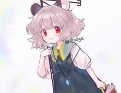 Rule 34 | 1girl, animal, animal ears, biyon, black dress, blush, closed mouth, dress, grey hair, hair between eyes, jewelry, mouse (animal), mouse ears, nazrin, pendant, red eyes, short hair, short sleeves, simple background, smile, solo, touhou, twitter username, upper body, white background