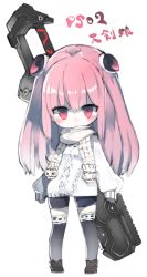 Rule 34 | 1girl, black thighhighs, blush, chibi, copyright name, hair ornament, kotatu (akaki01aoki00), long hair, long sleeves, looking at viewer, original, over-kneehighs, pale color, phantasy star, phantasy star online 2, pink eyes, pink hair, ribbon trim, scarf, shoes, simple background, sleeves past wrists, solo, sweater, thighhighs, two side up, weapon, white background