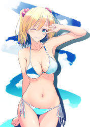Rule 34 | 1girl, absurdres, bikini, blonde hair, blue eyes, blue sky, breasts, cleavage, clenched hand, cloud, commentary request, dated, grin, hair ornament, halterneck, highres, medium breasts, medium hair, multicolored bikini, multicolored clothes, navel, one eye closed, original, puriketsu corgy, side-tie bikini bottom, sky, smile, solo, standing, string bikini, swimsuit, thighs, twintails, v, white background