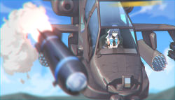 Rule 34 | 1girl, absurdres, ah-64 apache, aircraft, blue eyes, blue hair, breasts, chromatic aberration, closed mouth, cloud, eyebrows hidden by hair, hair between eyes, helicopter, highres, hololive, hololive english, incoming attack, large breasts, mountain, mountainous horizon, ouro kronii, rocket launcher, skimun, sky, solo, virtual youtuber, weapon