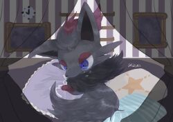 Rule 34 | absurdres, animal focus, artist name, black hair, blue eyes, clock, closed mouth, creatures (company), crying, curtains, fang, fang out, fox, from behind, full body, game freak, gen 5 pokemon, half-closed eyes, highres, indoors, looking down, lying, multicolored hair, natsumekan, neck fur, night, nintendo, no humans, on bed, on stomach, pillow, pokemon, pokemon (creature), red hair, sad, short hair, signature, solo, star (symbol), tears, transparent, two-tone hair, window, zorua