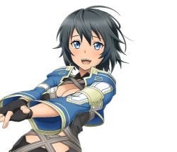 Rule 34 | 1girl, :d, black gloves, black hair, blue eyes, breasts, cleavage, detached sleeves, fingerless gloves, gloves, hair between eyes, leaning back, looking at viewer, medium breasts, open mouth, outstretched arms, philia (sao), short hair, smile, solo, standing, sword art online, transparent background, upper body