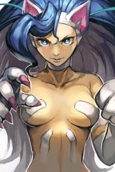 Rule 34 | &gt;:), 1girl, animal ears, animal hands, bare shoulders, big hair, blue eyes, blue hair, breasts, capcom, cat ears, cat paws, choker, claws, collarbone, felicia (vampire), hairband, hungry clicker, long hair, solo, underboob, upper body, v-shaped eyebrows, vampire (game), very long hair