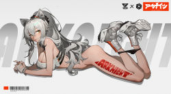 Rule 34 | 1girl, absurdres, animal ear fluff, animal ears, arknights, black panties, body writing, bottomless, breasts, brown eyes, cleavage, copyright name, fingerless gloves, full body, gloves, gradient background, grey background, grey hair, hachisan, hair between eyes, highres, large breasts, long hair, looking at viewer, lying, on stomach, panties, panty pull, ponytail, schwarz (arknights), solo, underwear, white gloves, white headwear