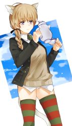 Rule 34 | 1girl, animal ears, black jacket, blue eyes, braid, brown hair, cat ears, cat tail, cloud, cloudy sky, cup, hair ornament, hair ribbon, highres, holding, holding cup, jacket, long sleeves, looking at viewer, lynette bishop, necktie, no pants, open clothes, open jacket, panties, retto, ribbon, shirt, single braid, sky, smile, solo, standing, strike witches, striped clothes, striped thighhighs, sweater vest, tail, teacup, teapot, thighhighs, twitter username, underwear, white panties, world witches series