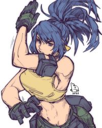 Rule 34 | 1girl, absurdres, bare shoulders, blue eyes, blue hair, breasts, clenched hand, earrings, gloves, green pants, highres, jewelry, leona heidern, midriff, pants, piccolourme, pocket, ponytail, sleeveless, solo, tank top, the king of fighters, the king of fighters xiv, the king of fighters xv, toned, triangle earrings, yellow tank top