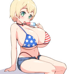 Rule 34 | american flag bikini, bikini, blonde hair, blue shorts, breasts, flag print, food, green eyes, jewelry, large breasts, looking at viewer, necklace, oppai loli, out of frame, popsicle, short hair, shorts, simple background, sitting, sweat, swimsuit, tongue, tongue out, white background