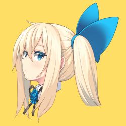 Rule 34 | 1girl, ahoge, akino sora, black ribbon, blonde hair, blue bow, blue eyes, blue flower, blue rose, bow, closed mouth, commentary request, flower, from side, hair bow, highres, long hair, looking at viewer, looking to the side, mirai akari, mirai akari project, neck ribbon, portrait, ribbon, rose, side ponytail, solo, virtual youtuber, wing collar, yellow background