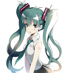 Rule 34 | 1girl, :o, anime coloring, aqua eyes, aqua hair, big hair, hatsune miku, long hair, looking at viewer, necktie, open mouth, saya (mychristian2), simple background, sleeveless, solo, tattoo, twintails, v arms, very long hair, vocaloid, white background