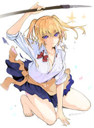 Rule 34 | 1girl, bare legs, barefoot, blonde hair, blue eyes, blue skirt, blush, bow, bowtie, breasts, cleavage, clothes around waist, feet, kneeling, looking at viewer, medium breasts, miniskirt, official art, onishima homare, pleated skirt, polearm, red bow, red bowtie, sagara riri, school uniform, skirt, sleeves rolled up, smile, solo, sounan desuka?, spear, torn clothes, twintails, twitter username, weapon