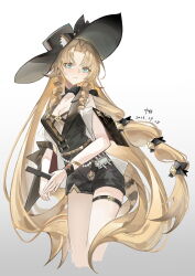 Rule 34 | 1girl, absurdres, animal ears, arknights, black bow, black dress, black hat, blonde hair, blue eyes, bow, breasts, center opening, cleavage, cropped legs, dated, dress, drill hair, drill sidelocks, duohelengshuiba, ears through headwear, feet out of frame, grey background, hat, hat bow, highres, long hair, looking at viewer, medium breasts, official alternate costume, sidelocks, simple background, sleeveless, sleeveless dress, solo, swire (arknights), swire the elegant wit (arknights), tail, tiger ears, tiger girl, tiger tail, very long hair