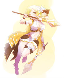 Rule 34 | 1girl, alternate costume, bikini, blonde hair, breasts, cleavage, drill hair, dual wielding, flower, full body, hair flower, hair ornament, hair ribbon, highres, holding, holding polearm, holding spear, holding weapon, large breasts, leg up, looking at viewer, magia record: mahou shoujo madoka magica gaiden, mahou shoujo madoka magica, midriff, navel, official alternate hairstyle, polearm, renji (orange ize), ribbon, smile, solo, spear, swimsuit, tomoe mami, tomoe mami (swimsuit ver.), twin drills, weapon, white bikini, yellow eyes