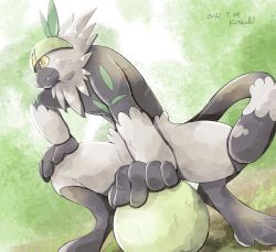 Rule 34 | animal focus, artist name, ball, closed mouth, colored sclera, commentary request, creatures (company), dated, fang, fang out, from below, game freak, gen 7 pokemon, hand on own knee, highres, katkichi, nintendo, no humans, one-hour drawing challenge, passimian, pokemon, pokemon (creature), signature, solo, squatting, toes, yellow eyes, yellow sclera