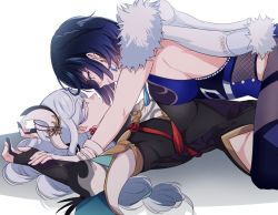 Rule 34 | 2girls, blue hair, breast press, breasts, bridal gauntlets, closed mouth, earrings, eye contact, fur trim, genshin impact, girl on top, hair ornament, jewelry, large breasts, long hair, looking at another, multiple girls, negom, shenhe (genshin impact), short hair, simple background, symmetrical docking, white background, white hair, yelan (genshin impact), yuri