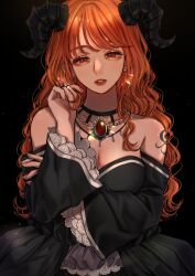 Rule 34 | 1girl, absurdres, black background, black dress, breasts, cleavage, dress, earrings, fake horns, frilled dress, frills, gem, highres, horns, jewelry, large breasts, long hair, looking at viewer, nami (one piece), norimaki (seidan0611), one piece, orange hair, red gemstone, red lips, simple background, solo, tattoo, teeth, wavy hair