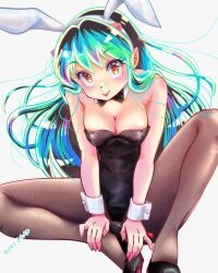 Rule 34 | 1girl, animal ears, aqua hair, black bow, black bowtie, black footwear, black hair, black leotard, black pantyhose, bow, bowtie, breasts, cleavage, commentary, cone horns, detached collar, fake animal ears, fishnet pantyhose, fishnets, high heels, highres, horns, knee up, legs, leotard, lum, medium breasts, multicolored hair, orange eyes, pantyhose, playboy bunny, pointy ears, rabbit ears, simple background, sitting, solo, strapless, strapless leotard, symbol-only commentary, two-tone hair, urusei yatsura, white background, wrist cuffs, yudemotchi