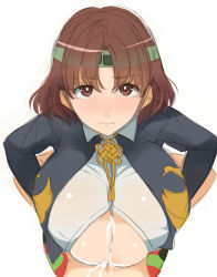 Rule 34 | 10s, 1girl, blush, breasts, brown eyes, brown hair, chiyoda (kancolle), close-up, cum, cum on body, cum on breasts, cum on upper body, headband, highres, huge breasts, kantai collection, kloah, looking at viewer, paizuri, paizuri under clothes, short hair, simple background, solo, underboob, white background