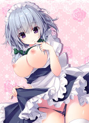 Rule 34 | 1girl, apron, black panties, blue dress, braid, breasts, breasts out, clothes lift, dress, dress lift, finger to mouth, heart, izayoi sakuya, kino (kino konomi), large breasts, maid, maid apron, maid headdress, micro panties, nipples, open clothes, open dress, open shirt, panties, pink background, puffy short sleeves, puffy sleeves, purple eyes, shirt, short sleeves, silver hair, smile, solo, thighhighs, touhou, twin braids, underwear, waist apron, white thighhighs