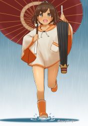 Rule 34 | 10s, 1girl, boots, brown eyes, brown hair, capriccyo, closed umbrella, highres, i-401 (kancolle), kantai collection, oil-paper umbrella, poncho, ponytail, puddle, rain, rubber boots, running, sailor collar, short ponytail, solo, splashing, swimsuit, swimsuit under clothes, tan, twitter username, umbrella, water