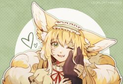 Rule 34 | 1girl, 1other, absurdres, animal ear fluff, animal ears, aqua hairband, arknights, blonde hair, cardigan, commentary, english commentary, fangs, fox ears, fox girl, fox tail, frilled hairband, frills, green background, green eyes, hairband, hand on another&#039;s cheek, hand on another&#039;s face, heart, highres, kitsune, kyuubi, leorlontyan, long hair, multicolored hair, multiple tails, neck ribbon, official alternate costume, one eye closed, open cardigan, open clothes, open mouth, red ribbon, ribbon, shirt, solo focus, suzuran (arknights), suzuran (spring praise) (arknights), tail, teeth, two-tone hair, upper body, white hair, white shirt, yellow cardigan