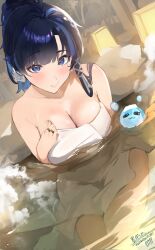 Rule 34 | 1girl, bare shoulders, blue eyes, blue hair, blush, breasts, cleavage, closed mouth, highres, jewelry, large breasts, looking at viewer, naked towel, original, partially submerged, ring, smile, solo, steam, tomochi (tmc tmc8), towel, water