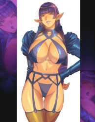 Rule 34 | 1girl, blunt bangs, breasts, bridal gauntlets, clenched teeth, cowboy shot, earrings, female focus, fingerless gloves, garter belt, garter straps, gloves, gluteal fold, groin, hand on own hip, highres, homare (fool&#039;s art), jacket, jewelry, large breasts, legs, lipstick, long hair, makeup, matching hair/eyes, navel, original, pink lips, pointy ears, purple eyes, purple hair, revealing clothes, simple background, smile, solo, standing, teeth, thigh gap, thighhighs, thighs, thong, zoom layer