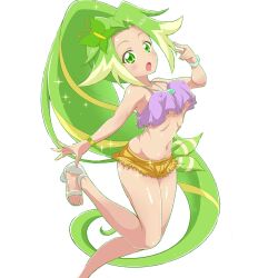 Rule 34 | blonde hair, blush, breasts, butterfly hair ornament, camisole, glowing, green eyes, green hair, hair ornament, high ponytail, jewelpet (series), jewelpet magical change, jewelry, large breasts, long hair, looking at viewer, multicolored hair, navel, necklace, non-web source, parted bangs, peridot (jewelpet), pink camisole, sandals, short shorts, shorts, thighs, two-tone hair, very long hair, watch, wristwatch