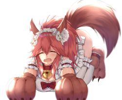 Rule 34 | 1girl, animal ears, animal hands, apron, bell, breasts, closed eyes, collar, fate/grand order, fate (series), fox ears, fox tail, gloves, kanikou, large breasts, long hair, maid headdress, naked apron, neck bell, open mouth, paw gloves, paw shoes, pink hair, ponytail, shoes, simple background, solo, tail, tamamo (fate), tamamo cat (fate), tamamo cat (third ascension) (fate), tamamo no mae (fate/extra), thighhighs, white background, white thighhighs