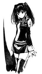 Rule 34 | 1girl, absurdres, black order uniform, d.gray-man, greyscale, hair between eyes, highres, isshi pyuma, jacket, lenalee lee, long hair, long sleeves, looking at viewer, miniskirt, monochrome, simple background, skirt, solo, thighhighs, twintails, twitter username, white background, zettai ryouiki