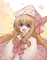 Rule 34 | 1girl, :d, blonde hair, blue eyes, bow, bowtie, capelet, commentary, hair bow, highres, lily white, long hair, looking at viewer, open mouth, pipita, red bow, red bowtie, sidelocks, smile, solo, touhou, white background, white capelet, white headwear