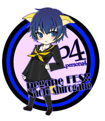 Rule 34 | 1girl, :&lt;, amane shinobu, animal ears, atlus, blue eyes, blue hair, blush, breasts, cat ears, cat tail, character name, chibi, copyright name, expressionless, frown, hair between eyes, hand on own hip, hip focus, houndstooth, kemonmimi mode, kemonomimi mode, matching hair/eyes, persona, persona 4, school uniform, serafuku, shirogane naoto, shoes, short hair, skirt, small breasts, solo, standing, tail, thighhighs, wavy hair