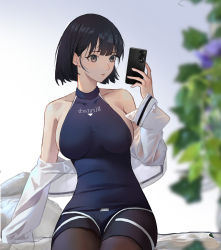 Rule 34 | 1girl, absurdres, bare shoulders, black hair, black one-piece swimsuit, blurry, blurry foreground, breasts, brown eyes, brown pantyhose, collarbone, competition swimsuit, depth of field, duzizai, earrings, highres, holding, holding phone, ivy, jacket, jewelry, large breasts, long sleeves, looking at phone, one-piece swimsuit, open clothes, open jacket, original, pantyhose, pantyhose under swimsuit, parted lips, phone, short hair, sideboob, simple background, sitting, solo, stud earrings, swimsuit, white background, white jacket