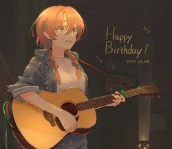 Rule 34 | 1girl, aqua eyes, artist name, artist request, blue eyes, blue jacket, blue pants, blush, braid, breasts, brown hair, collared jacket, denim, emma verde, female focus, freckles, guitar, hair between eyes, hair over shoulder, highres, holding, holding instrument, index178, instrument, irenji, jacket, jeans, long hair, looking at viewer, love live!, love live! nijigasaki high school idol club, medium breasts, pants, parted lips, red hair, shirt, short hair, smile, solo, twin braids, twintails, white shirt