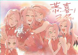 Rule 34 | 6+girls, boruto: naruto next generations, bouquet, chibi, chinese commentary, commentary request, earrings, facial mark, flower, forehead mark, forehead protector, goma307, green eyes, grin, hairband, haruno sakura, highres, jewelry, long hair, medium hair, multiple girls, multiple persona, naruto, naruto: the last, naruto (series), naruto shippuuden, one eye closed, open mouth, pink hair, pink hairband, red flower, red rose, rose, smile, tongue, tongue out, translation request, v
