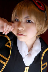 Rule 34 | blonde hair, cheek pull, cosplay, eyemask, gintama, highres, katou mari, okita sougo, photo (medium), uniform