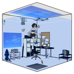Rule 34 | 1girl, akg, bandeau, chair, cloud, computer, diving mask, fire hydrant, fish, flippers, goggles, goldfish, headphones, in container, innertube, isometric, keyboard (computer), laptop, oil-paper umbrella, original, partially underwater shot, projector, room, ruri (uewtsol), sky, solo, strapless, submerged, swim ring, television, trash can, tube top, uewtsol, umbrella, underwater, water