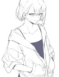 Rule 34 | 1girl, asymmetrical bangs, camisole, closed mouth, collarbone, flat chest, greyscale, hair between eyes, hands in pockets, hood, hooded jacket, jacket, long sleeves, looking at viewer, mee (sohin), monochrome, original, partially unzipped, pointy ears, short hair, sohin, solo, spot color, teardrop facial mark, upper body