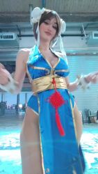 Rule 34 | 1girl, alternate costume, animated, argentine (nationality), ass, ass shake, audible music, bare hips, bare legs, bare shoulders, blue dress, blue eyes, bracelet, braid, breasts, brown hair, capcom, china dress, chinese clothes, chun-li, chun-li (cosplay), cleavage, clenched hands, cosplay, curvy, dancing, double bun, dress, fighting stance, fingernails, hair bun, high heels, jewelry, large breasts, legs, leotard, leotard under clothes, lips, lipstick, long hair, looking at viewer, makeup, medium breasts, no bra, pelvic curtain, photo (medium), real life, revealing clothes, shiny clothes, short dress, simple background, smile, sophie valentine, sound, source request, spiked bracelet, spikes, standing, street fighter, street fighter iv (series), tagme, thick thighs, thighs, video, wide hips
