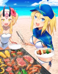 Rule 34 | 2girls, artoria pendragon (fate), baseball cap, bbq, beef, bikini, blonde hair, blue eyes, breasts, cleavage, cooking, corn, corn cob, fangs, fate/grand order, fate (series), food, grill, grilling, hat, horns, ibaraki douji (fate), ibaraki douji (fate/grand order), ibaraki douji (swimsuit lancer) (fate), ibaraki douji (swimsuit lancer) (second ascension) (fate), kebab, long hair, meat, medium breasts, multiple girls, mysterious heroine x (fate), mysterious heroine xx (fate), oni, oni horns, open mouth, plate, shrug (clothing), smile, standing, swimsuit, tsuchifumazu, yellow eyes