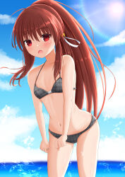 Rule 34 | 1girl, absurdres, ahoge, backlighting, bell, bikini, bikini under clothes, black bikini, blue sky, blush, breasts, brown hair, coffeem55, commentary request, cowboy shot, d:, day, eyes visible through hair, frown, groin, hair bell, hair between eyes, hair ornament, hair ribbon, highres, hot, jingle bell, little busters!, long hair, looking at viewer, natsume rin, navel, open mouth, outdoors, plaid, plaid bikini, ponytail, rainbow, red eyes, ribbon, short sleeves, sidelocks, sky, small breasts, solo, standing, summer, sun, swimsuit, teeth, upper teeth only, very long hair, water drop, white ribbon
