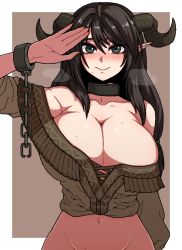 Rule 34 | 1girl, bare shoulders, black hair, blush, breasts, chain, cleavage, fang, fang out, formicid, green eyes, groin, horns, large breasts, long hair, mole, mole on breast, mole under eye, navel, original, outside border, pointy ears, smile, solo, wrist cuffs