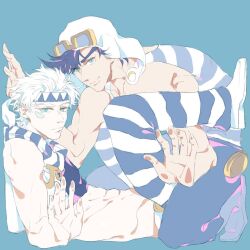 Rule 34 | 2boys, abs, against glass, aviator cap, battle tendency, black hair, blue hair, caesar anthonio zeppeli, crop top, facial mark, feather hair ornament, feathers, fingerless gloves, gloves, goggles, goggles on headwear, green eyes, hair ornament, headband, jojo no kimyou na bouken, joseph joestar, joseph joestar (young), looking at viewer, male focus, midriff, multiple boys, muscular, muscular male, official alternate costume, pants, shirt, striped clothes, striped pants, striped shirt, suzuri513, tank top, triangle print, vest