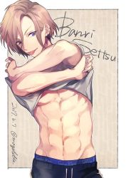 Rule 34 | :p, a3!, abs, bad id, bad twitter id, blue eyes, breasts, brown hair, character name, clothes lift, dated, looking at viewer, male focus, male underwear, male underwear peek, momoiro oji, navel, pectorals, settsu banri, shirt lift, short hair, smile, solo, toned, toned male, tongue, tongue out, twitter username, underboob, underwear, undressing