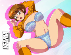 Rule 34 | 1girl, arms up, bokuman, bra, brown hair, clothes lift, freckles, frilled bra, frilled panties, frills, glasses, navel, no pants, open mouth, panties, scooby-doo, shirt lift, socks, solo, spread legs, sweater, underwear, velma dace dinkley