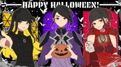 Rule 34 | 1010 mumumu, 1boy, 2girls, aguilera (kamen rider revice), bare shoulders, black hair, black nails, blunt bangs, carmeara, crossover, english text, hair ornament, happy halloween, highres, hime cut, holding, jewelry, kamen rider, kamen rider revice, kikai sentai zenkaiger, looking at viewer, multicolored hair, multiple girls, necklace, pointing, purple eyes, purple nails, red sleeves, smile, stacey (zenkaiger), super sentai, tokusatsu, twitter username, two-tone hair, ultraman trigger (series), upper body, wide sleeves, yellow eyes
