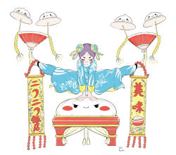 Rule 34 | 1girl, aqua pants, blush stickers, bun cover, chinese clothes, closed eyes, commentary request, double bun, hair bun, highres, kawatsu yuuki, long sleeves, mouth hold, original, pants, purple hair, shoes, signature, simple background, solo, split, tassel, white background, yellow footwear